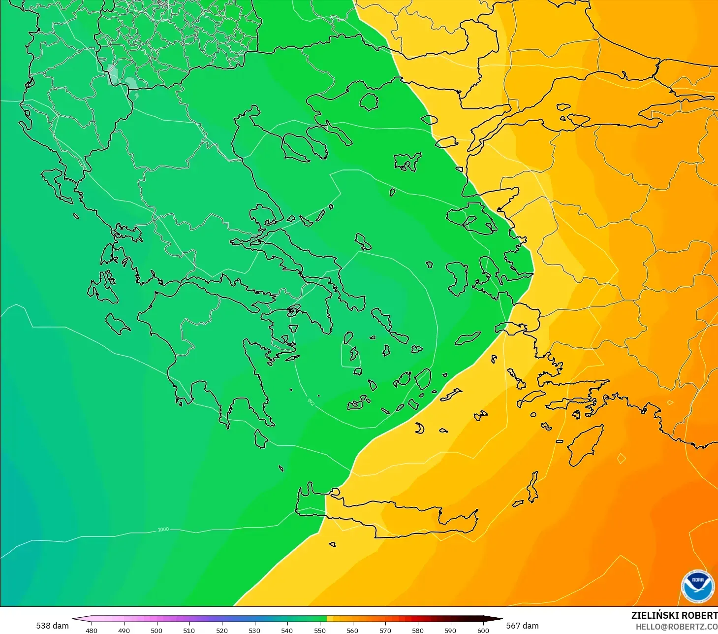 GFS modelo - Grecia, Altura geopotencial a 500 hPa