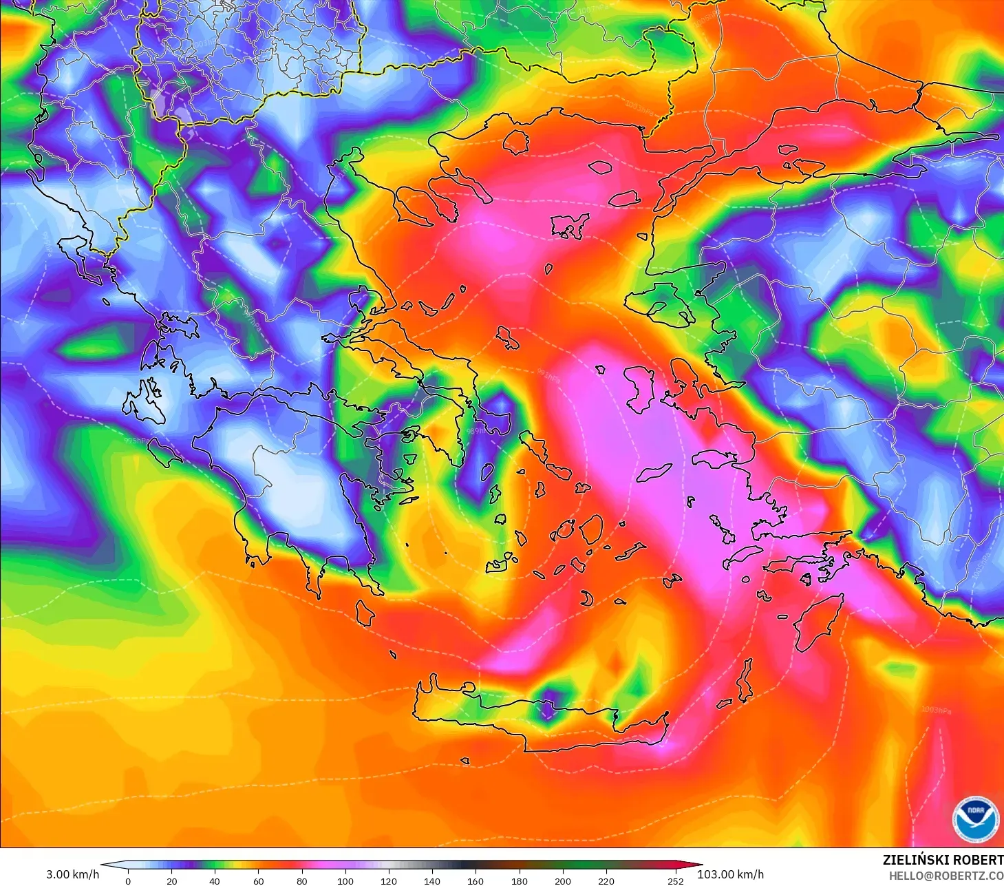 GFS modelo - Grecia, Ráfagas de viento