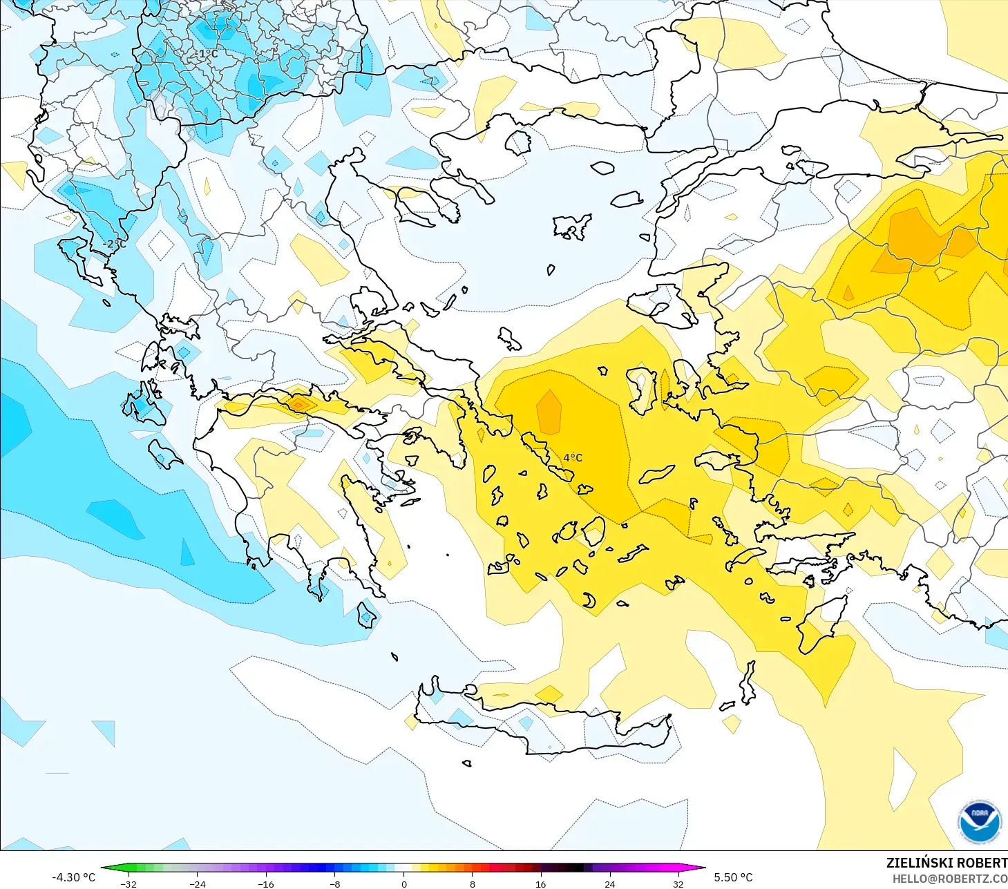 GFS modelo - Grecia, Anomalía de temperatura a 2 m