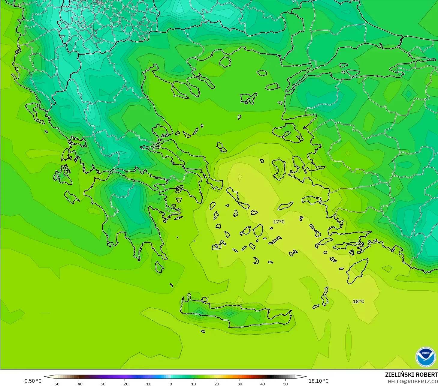 GFS modelo - Grecia, Temperatura a 2 m