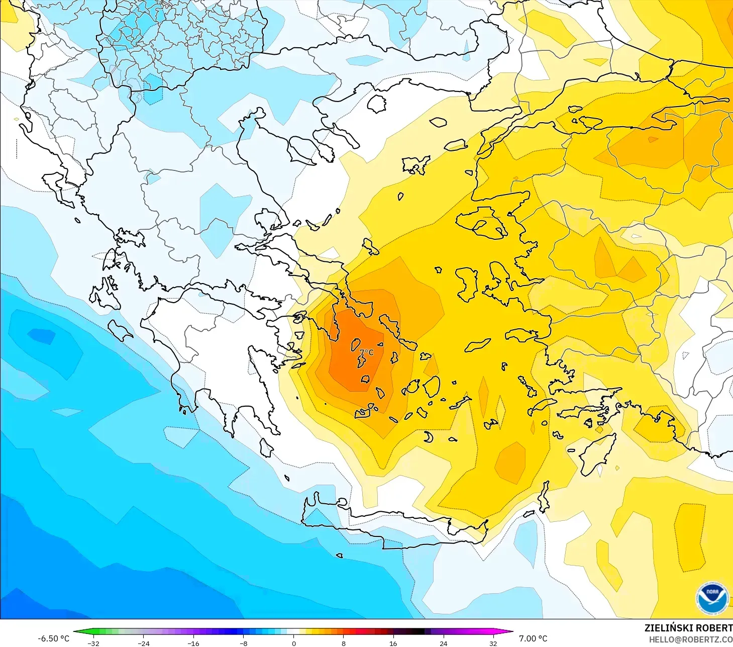 GFS modelo - Grecia, Anomalía de temperatura a 850 hPa