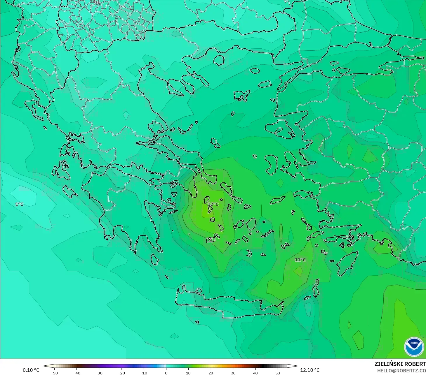 GFS modelo - Grecia, Temperatura a 850 hPa
