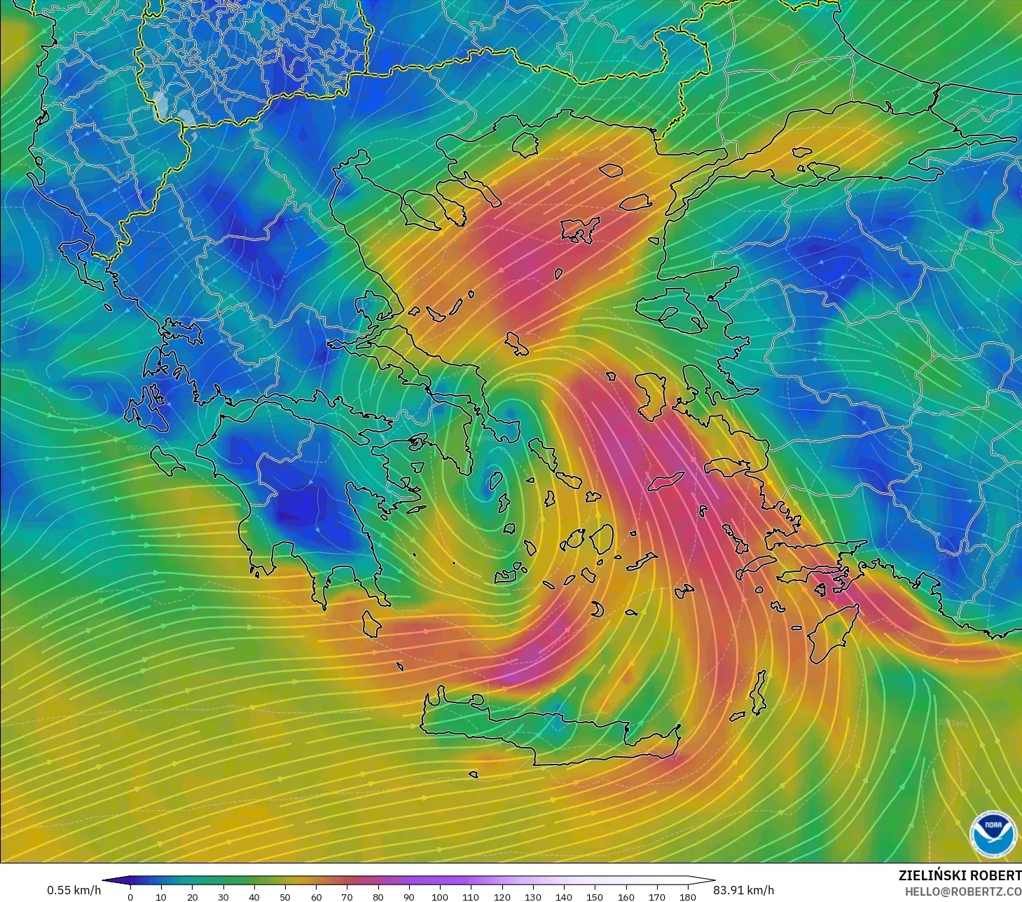 GFS modelo - Grecia, Viento a 10 m