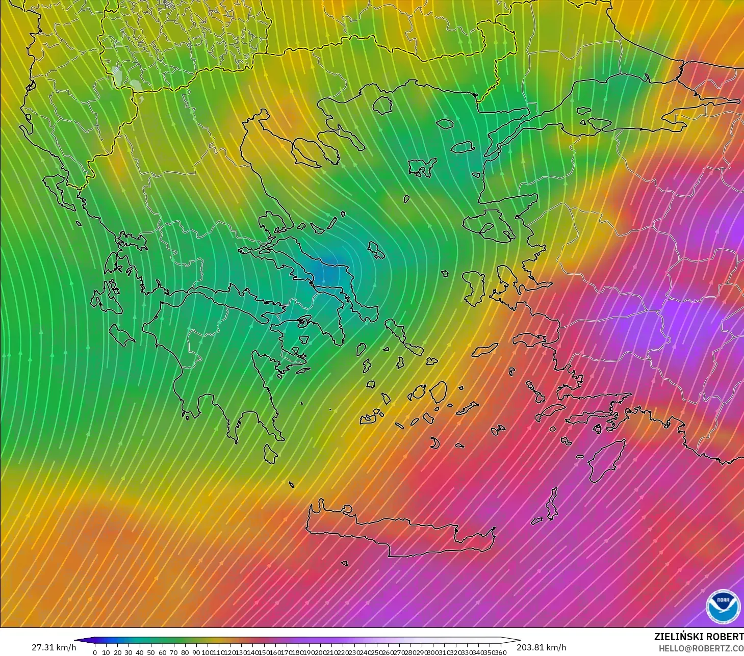 GFS modelo - Grecia, Viento a 300 hPa (corriente en chorro)