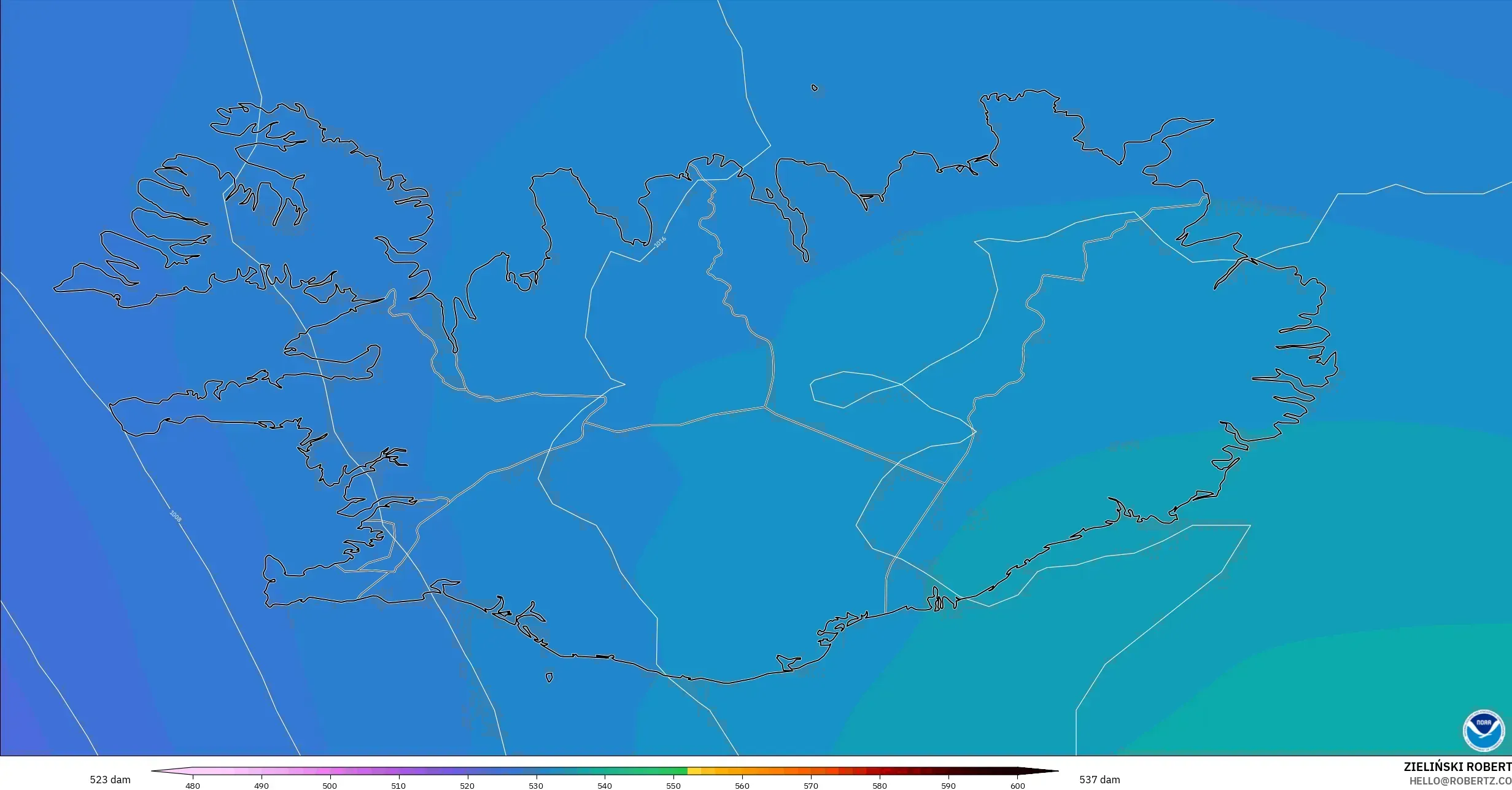 GFS modelo - Islandia, Altura geopotencial a 500 hPa