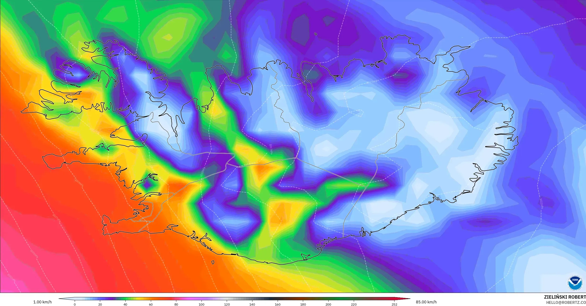 GFS modelo - Islandia, Ráfagas de viento