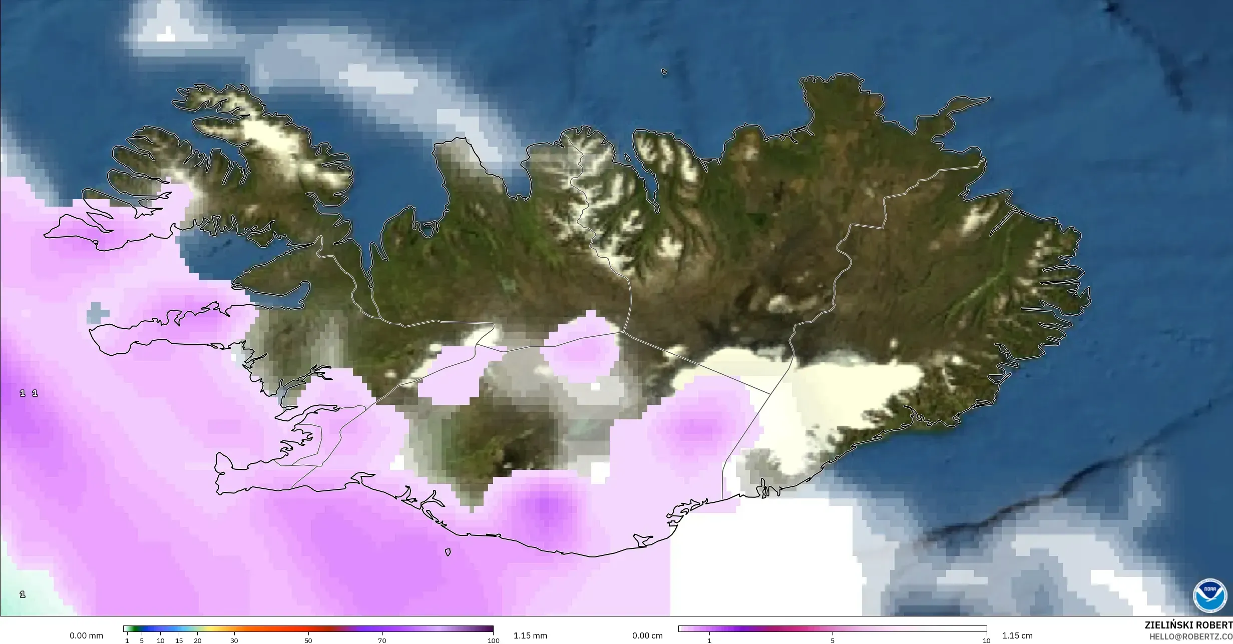 GFS modelo - Islandia, Precipitación, nubes y presión