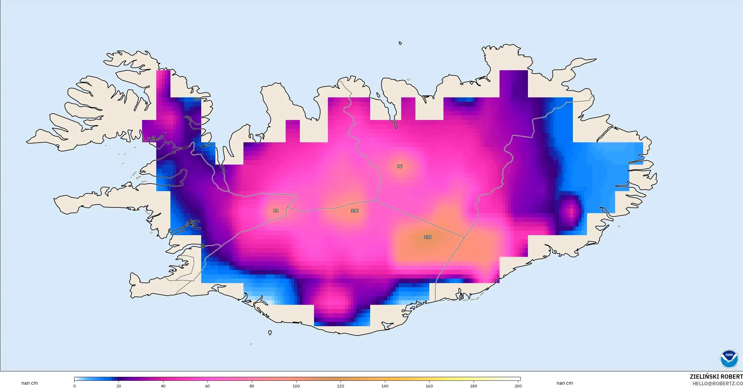 GFS modelo - Islandia, Profundidad de nieve