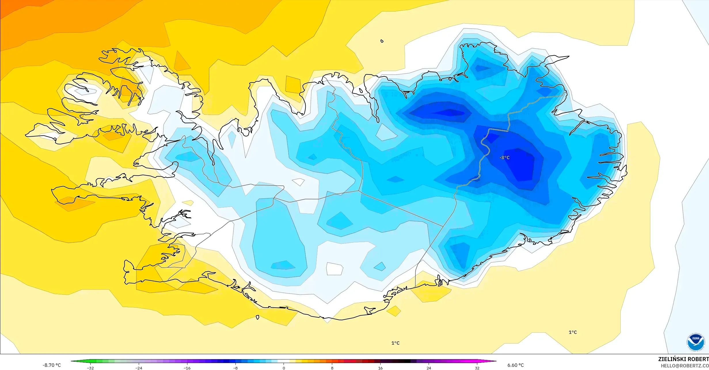 GFS modelo - Islandia, Anomalía de temperatura a 2 m