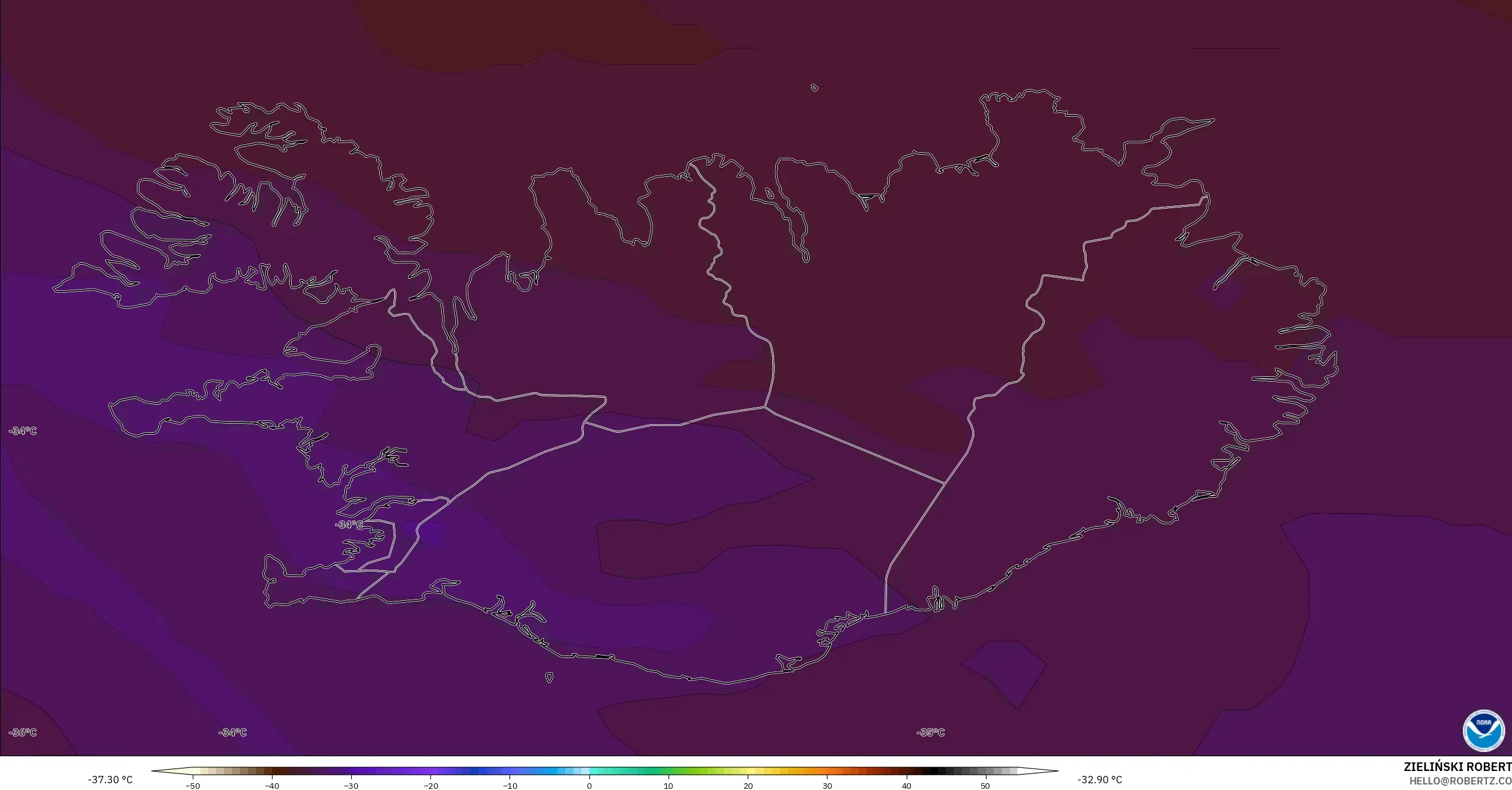 GFS modelo - Islandia, Temperatura a 500 hPa