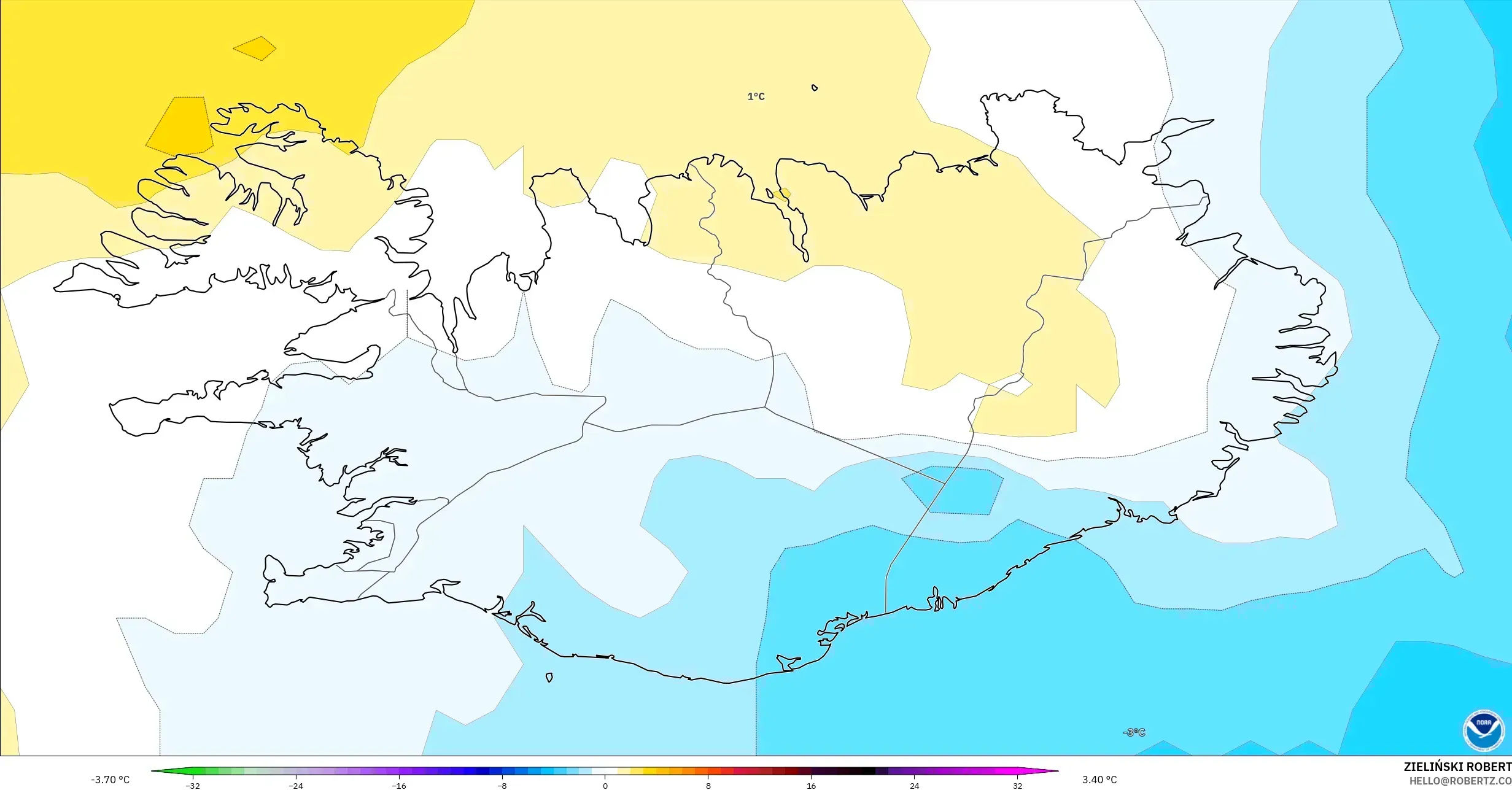 GFS modelo - Islandia, Anomalía de temperatura a 850 hPa