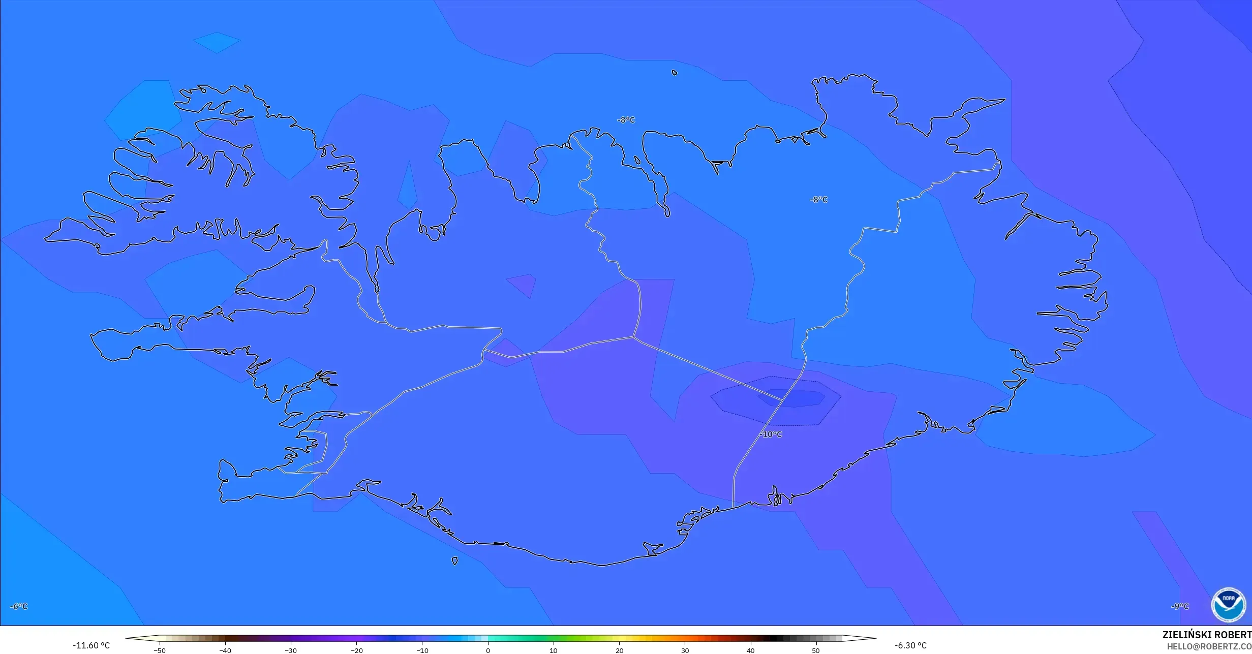 GFS modelo - Islandia, Temperatura a 850 hPa