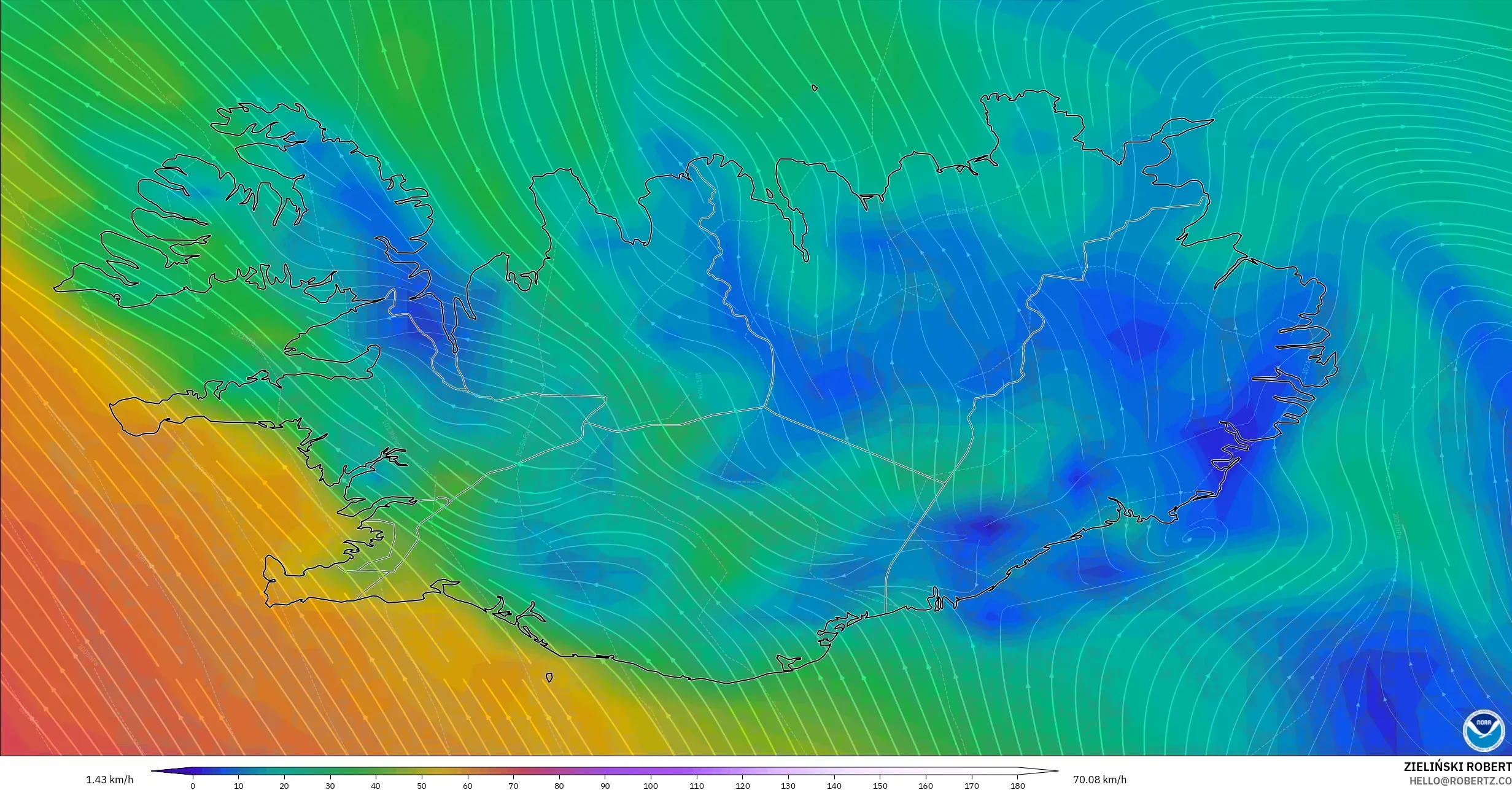 GFS modelo - Islandia, Viento a 10 m