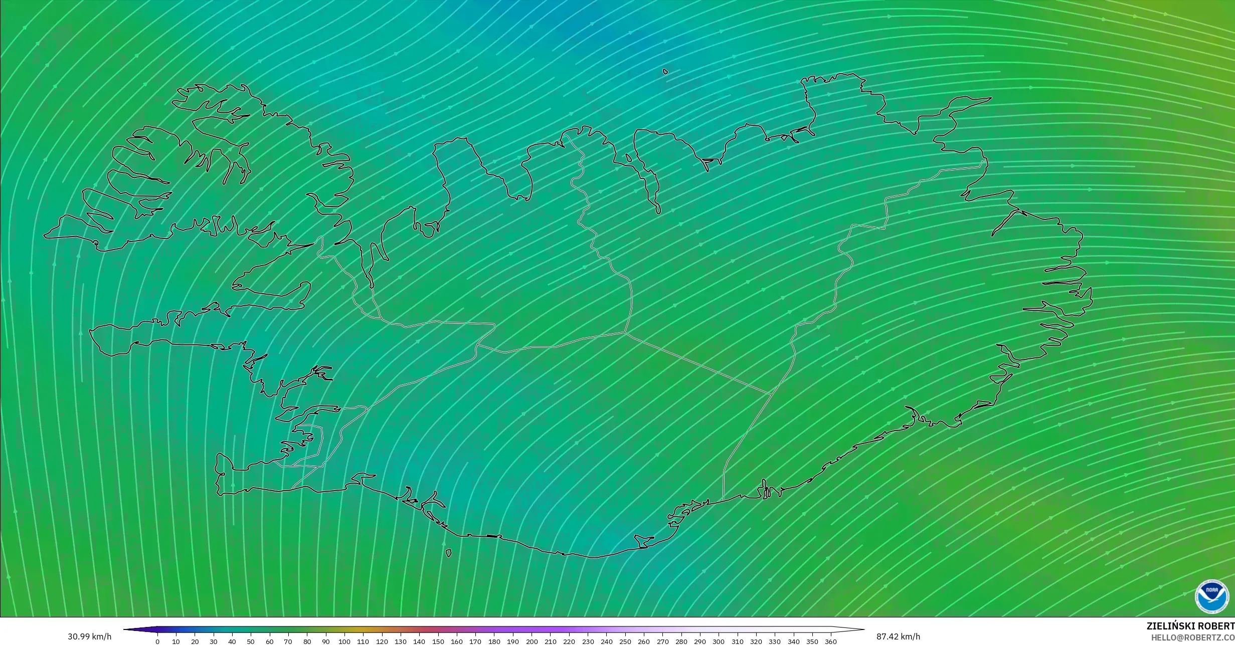 GFS modelo - Islandia, Viento a 300 hPa (corriente en chorro)