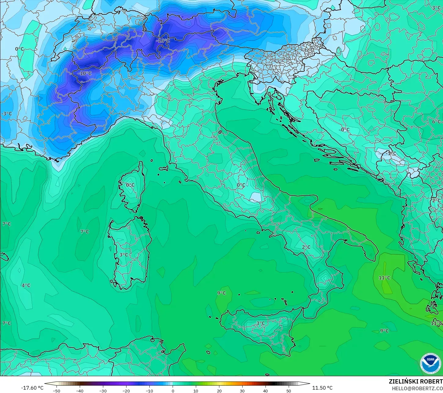 GFS modelo - Italia, Punto de rocío a 2 m