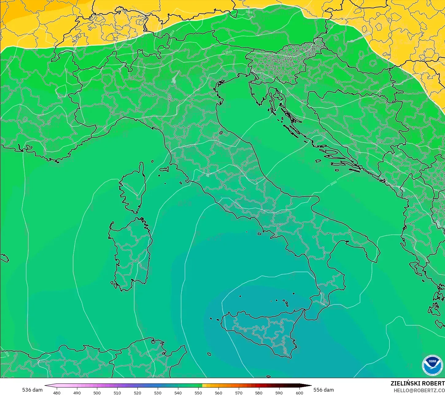 GFS modelo - Italia, Altura geopotencial a 500 hPa