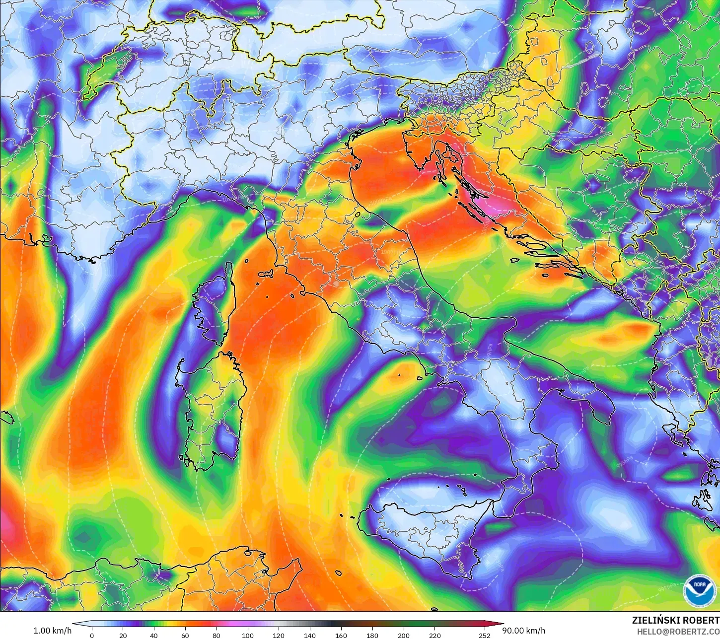 GFS modelo - Italia, Ráfagas de viento