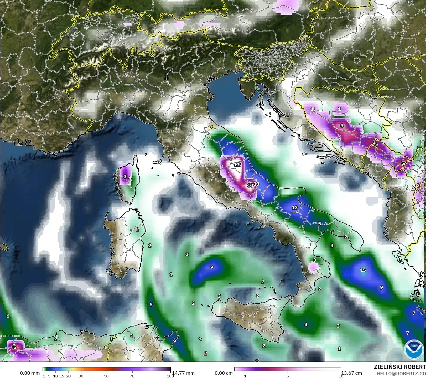 GFS modelo - Italia, Precipitación, nubes y presión