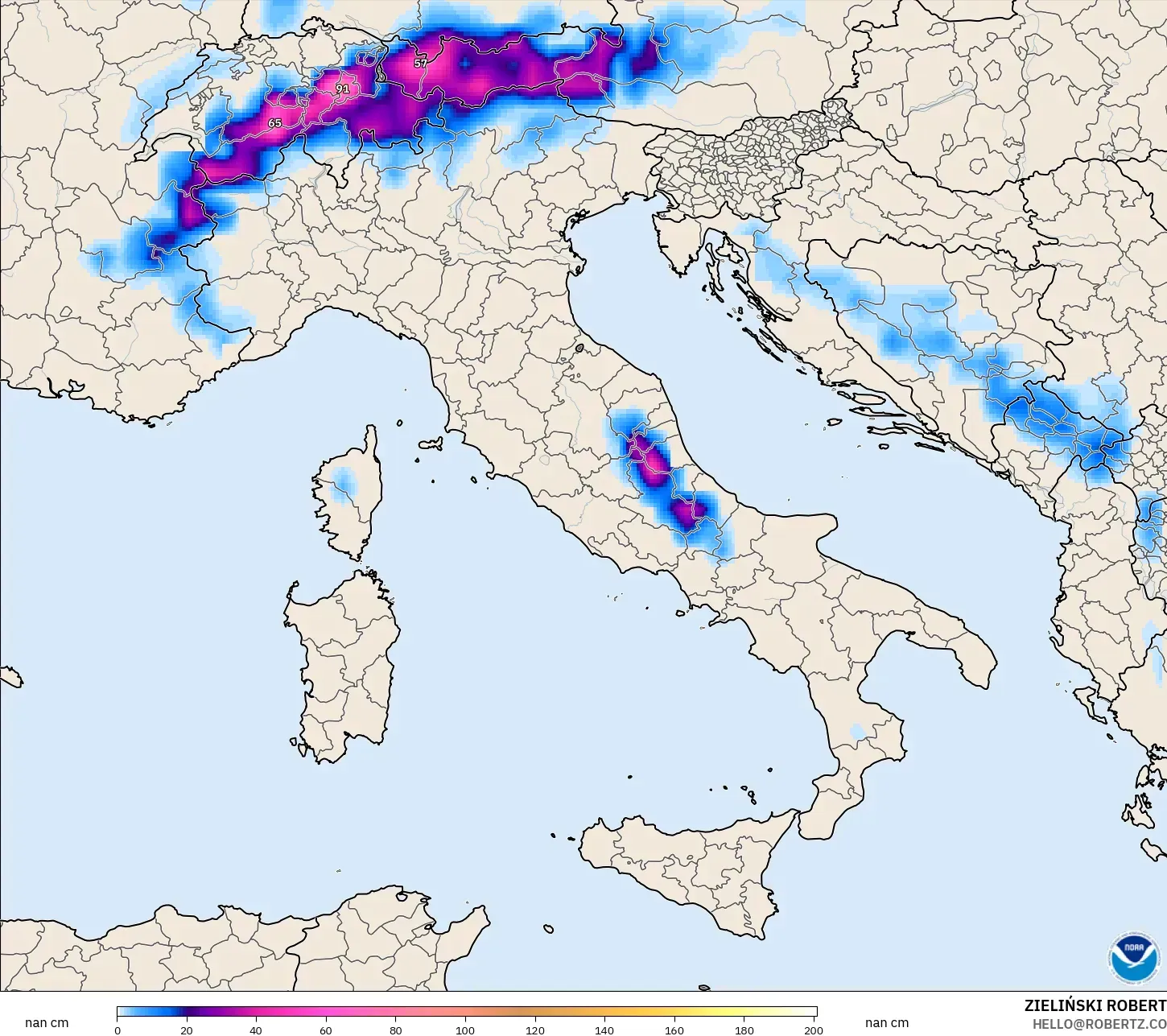 GFS modelo - Italia, Profundidad de nieve