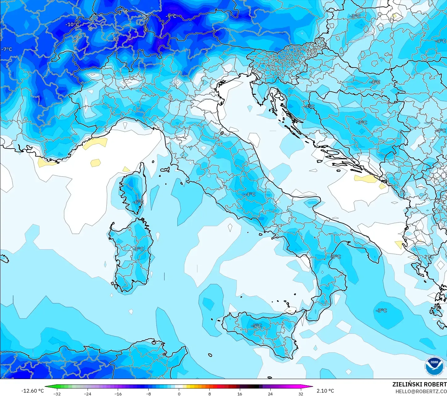 GFS modelo - Italia, Anomalía de temperatura a 2 m