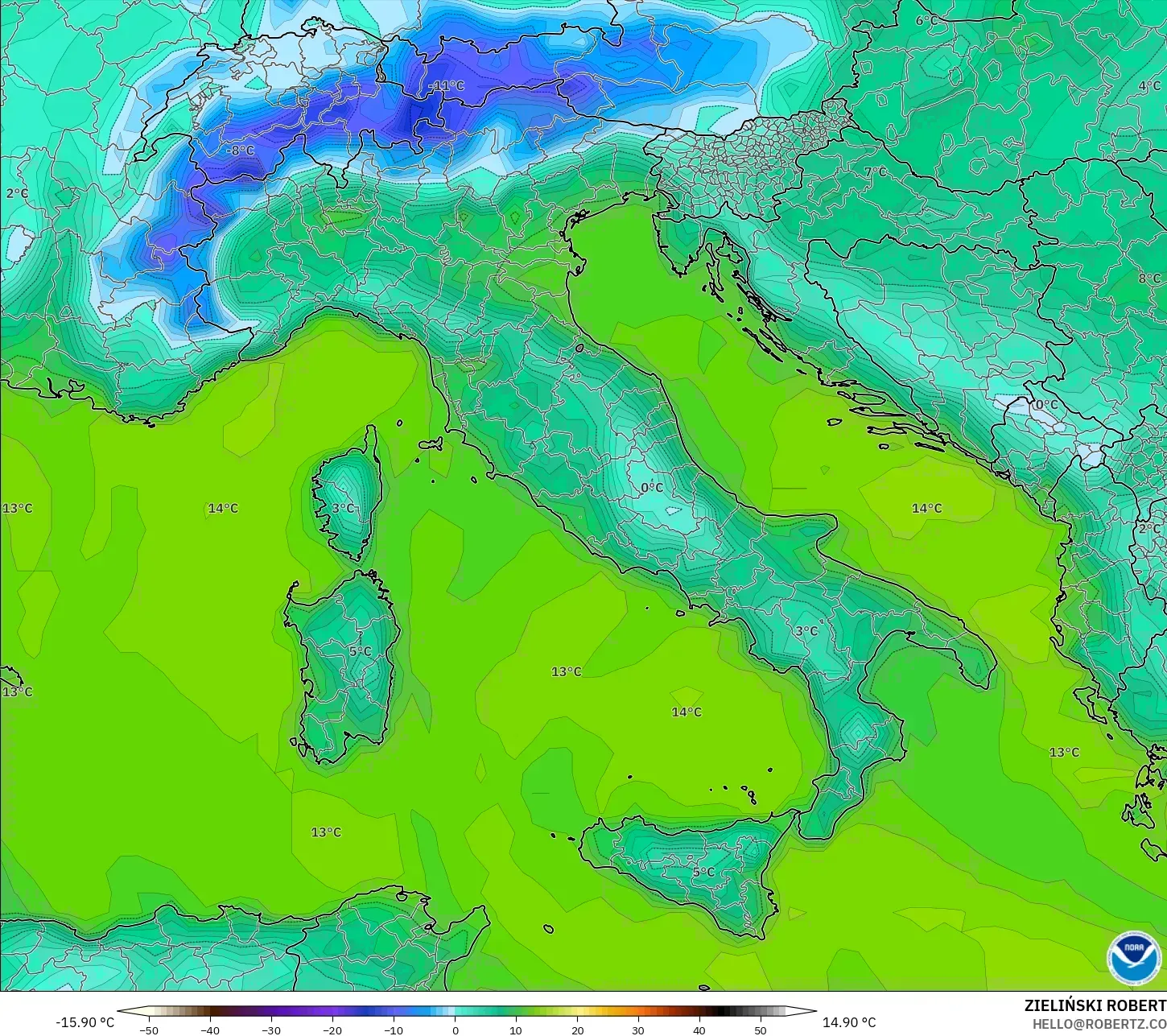 GFS modelo - Italia, Temperatura a 2 m
