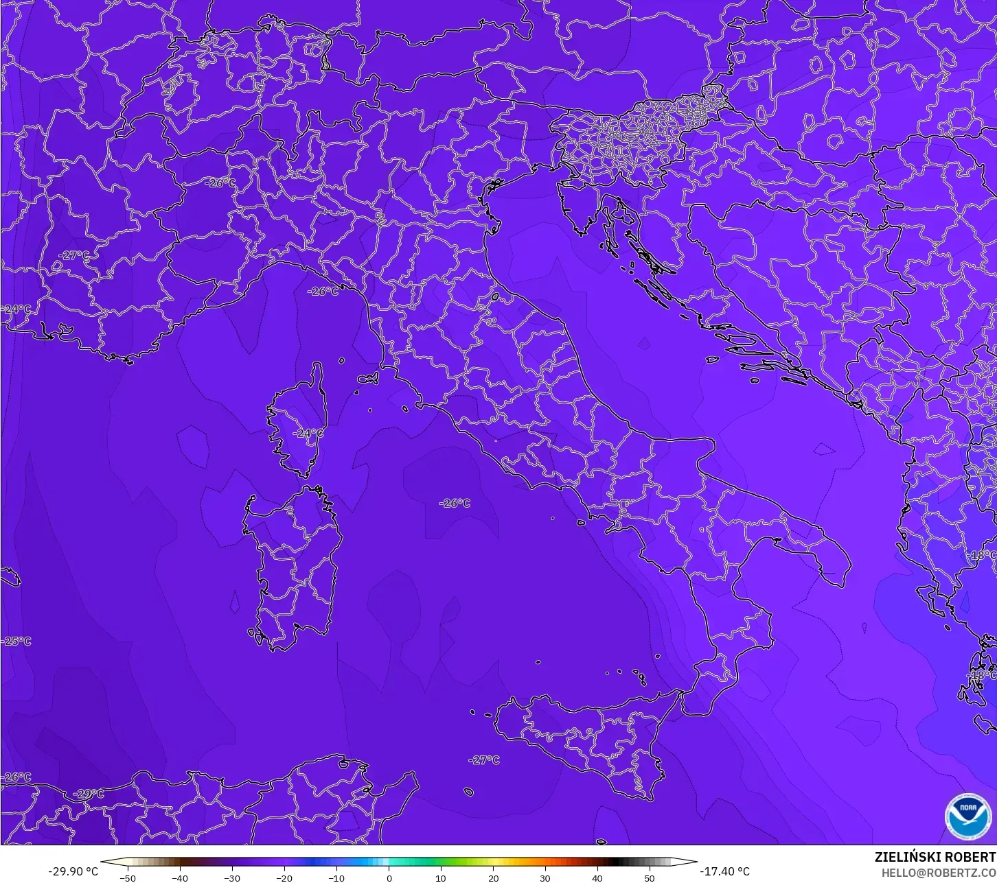 GFS modelo - Italia, Temperatura a 500 hPa