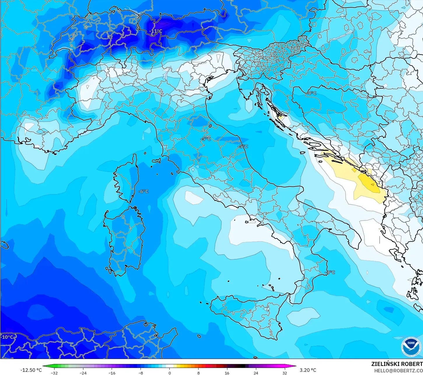 GFS modelo - Italia, Anomalía de temperatura a 850 hPa