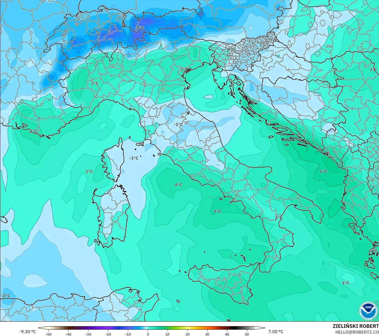 GFS modelo - Italia, Temperatura a 850 hPa