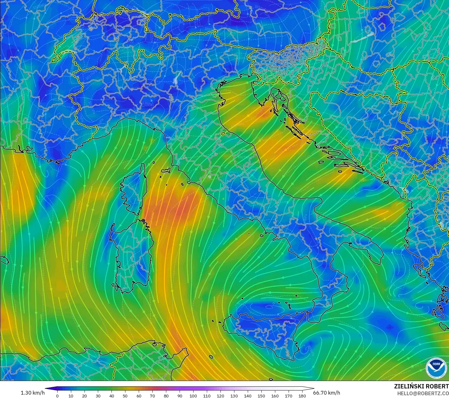 GFS modelo - Italia, Viento a 10 m