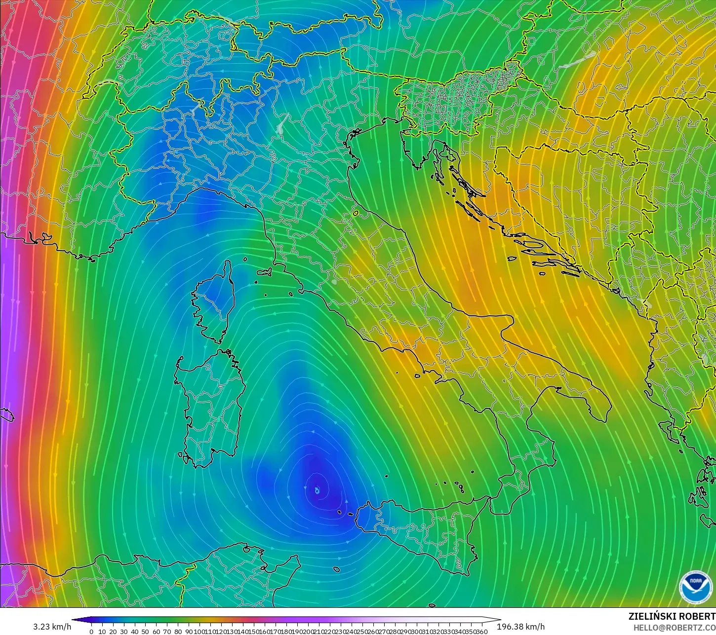 GFS modelo - Italia, Viento a 300 hPa (corriente en chorro)