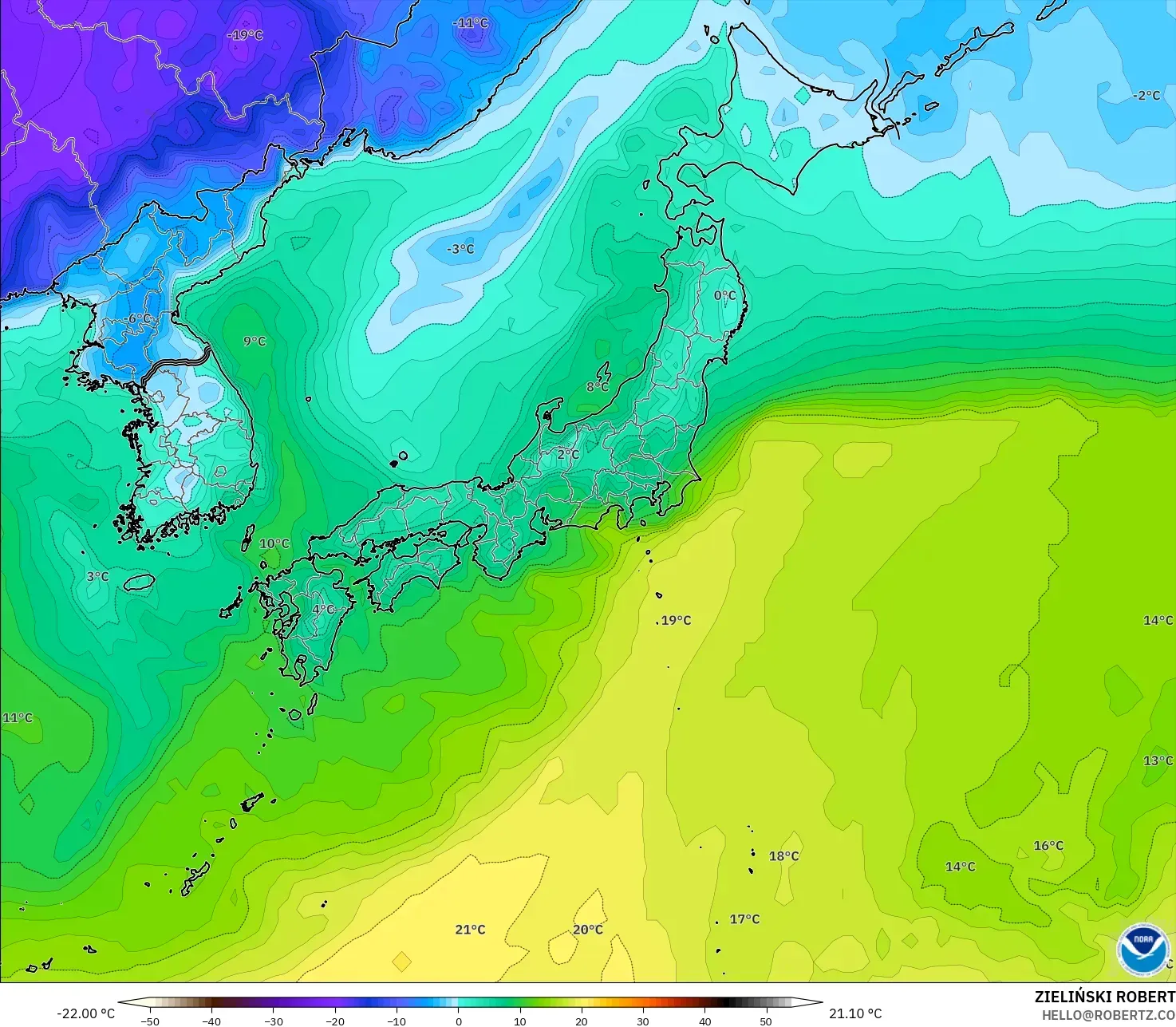 GFS modelo - Japón, Punto de rocío a 2 m