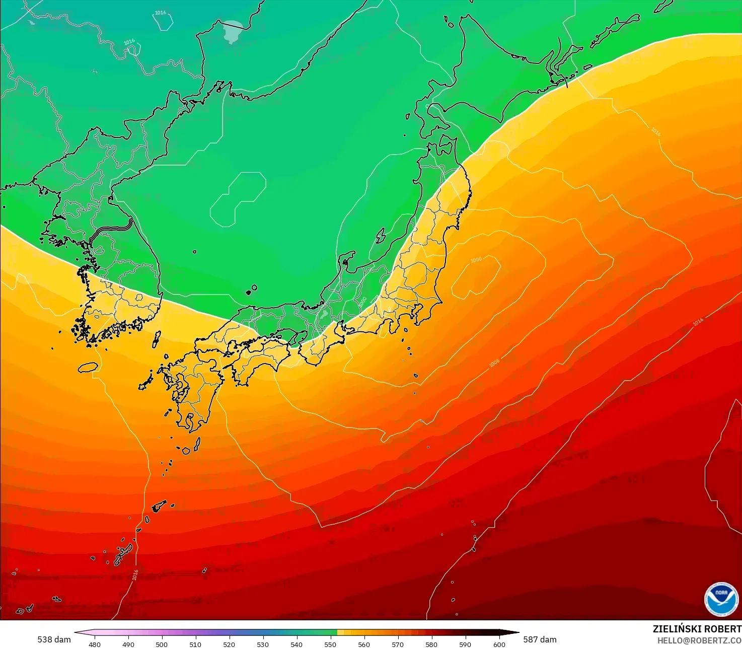 GFS modelo - Japón, Altura geopotencial a 500 hPa