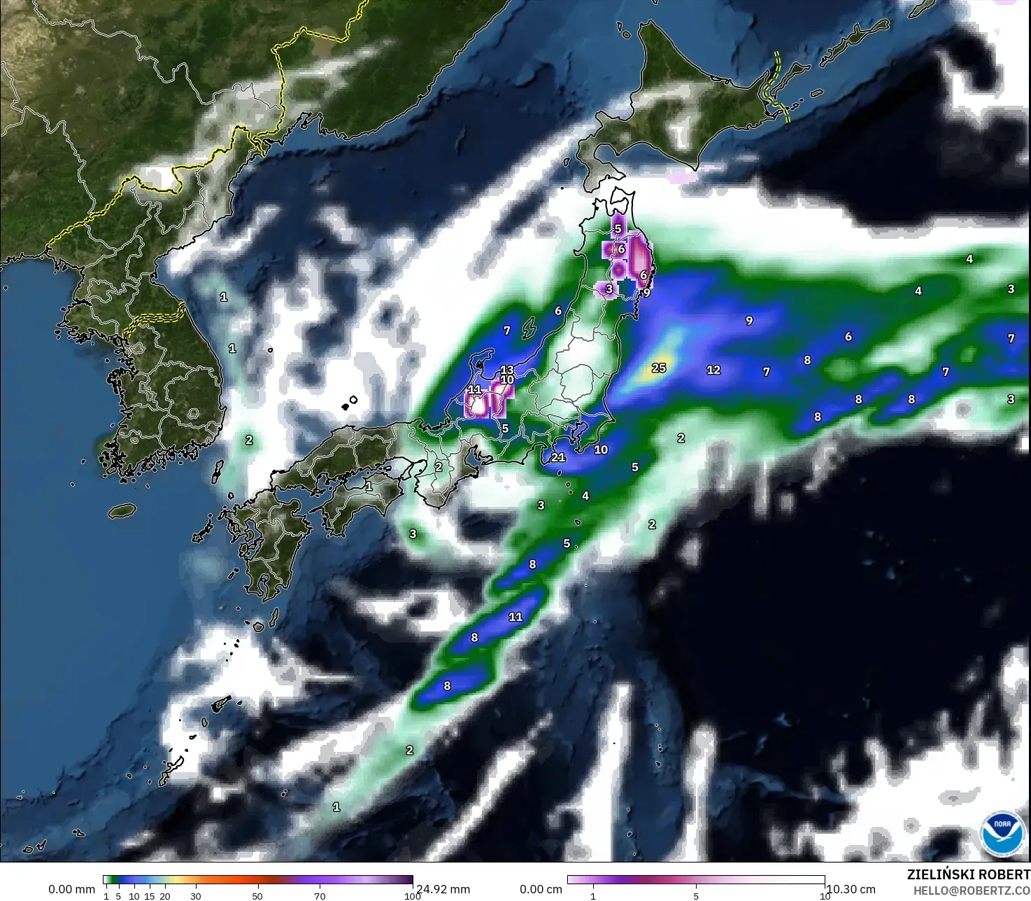 GFS modelo - Japón, Precipitación, nubes y presión