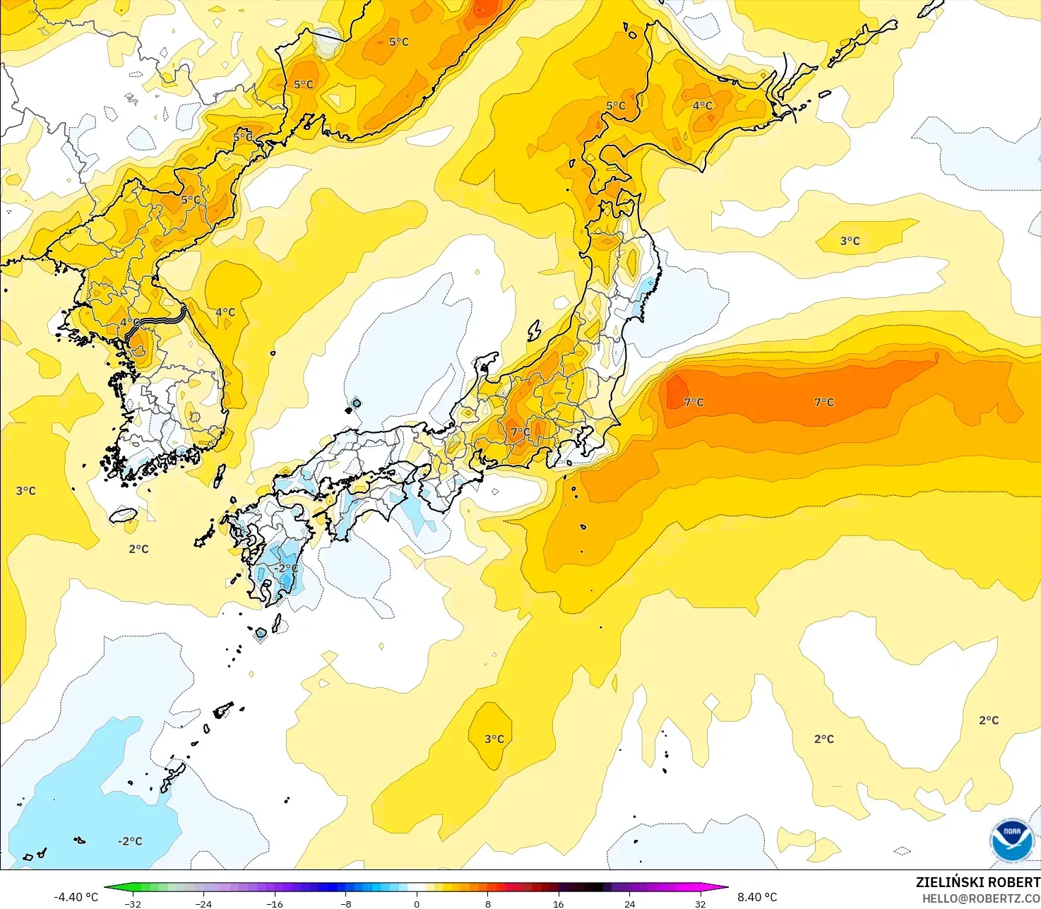 GFS modelo - Japón, Anomalía de temperatura a 2 m