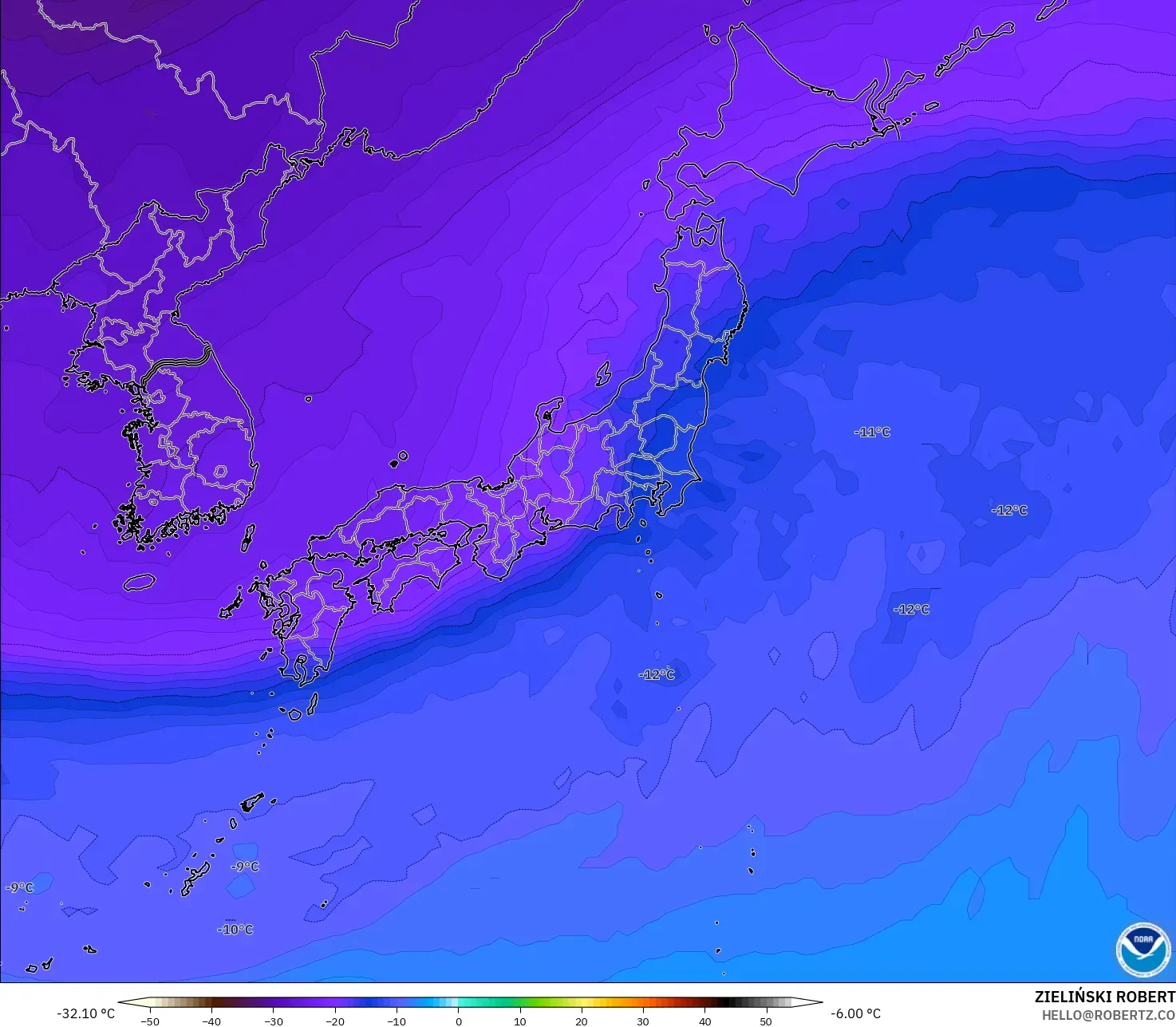 GFS modelo - Japón, Temperatura a 500 hPa
