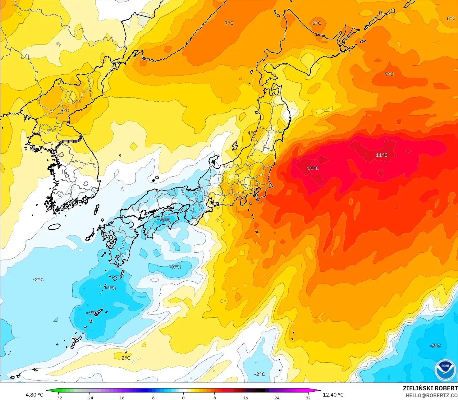 GFS modelo - Japón, Anomalía de temperatura a 850 hPa
