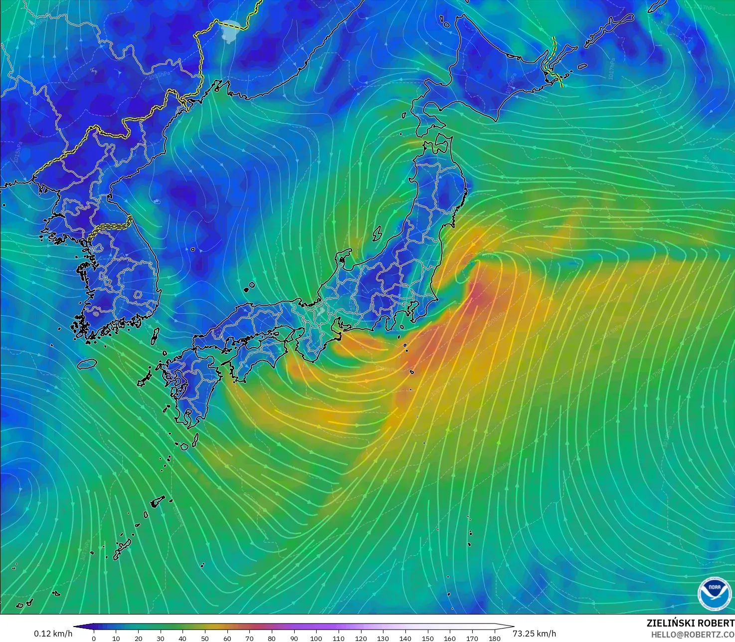GFS modelo - Japón, Viento a 10 m
