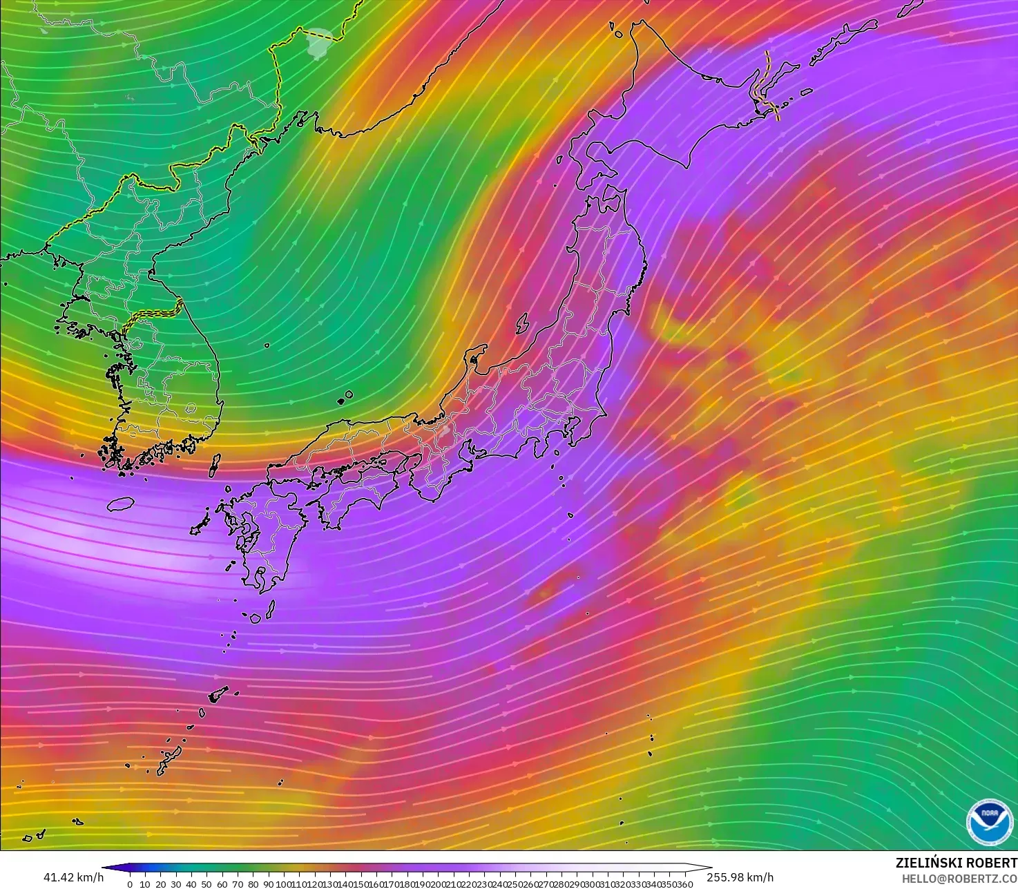 GFS modelo - Japón, Viento a 300 hPa (corriente en chorro)