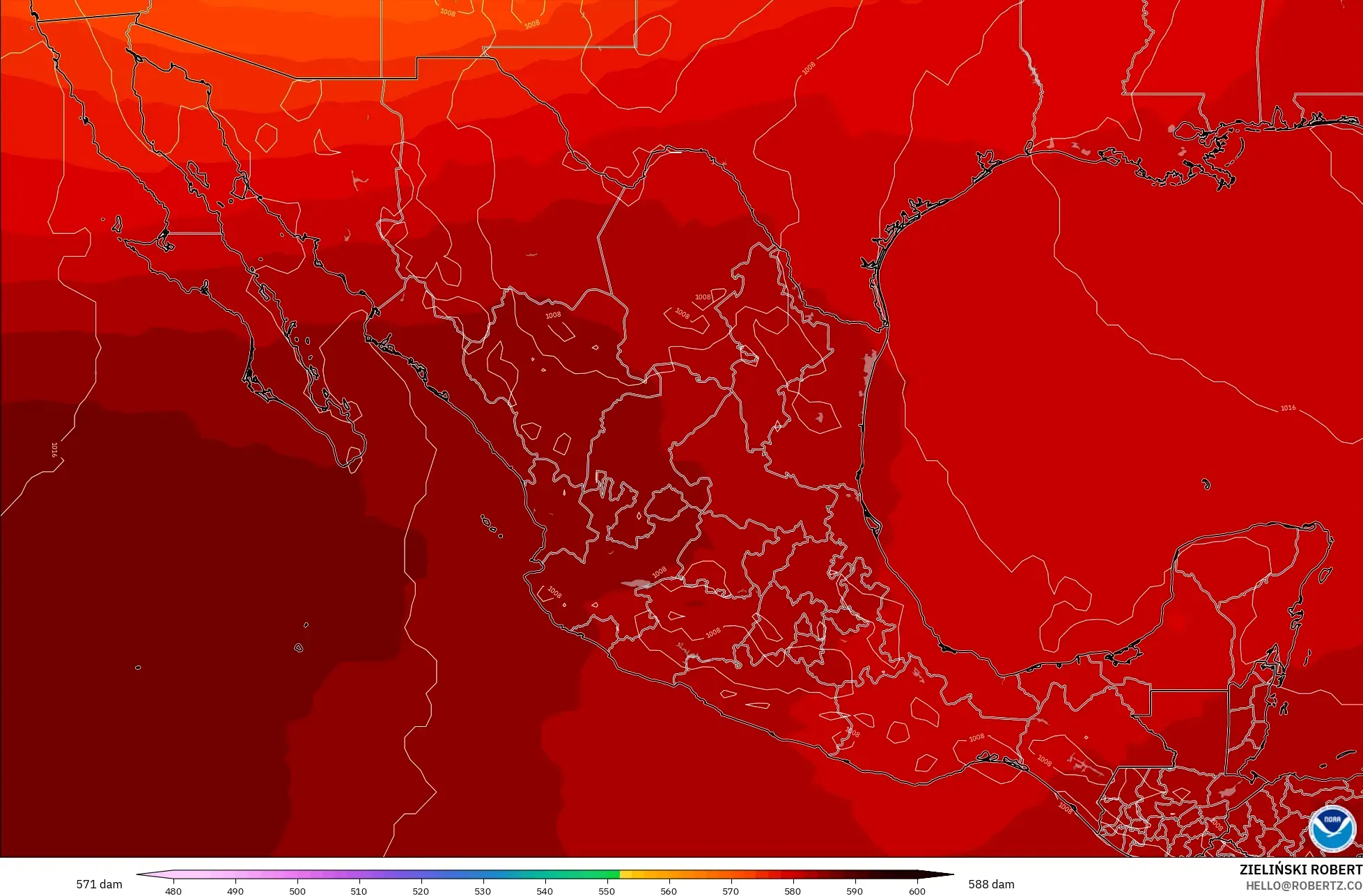 GFS modelo - México, Altura geopotencial a 500 hPa