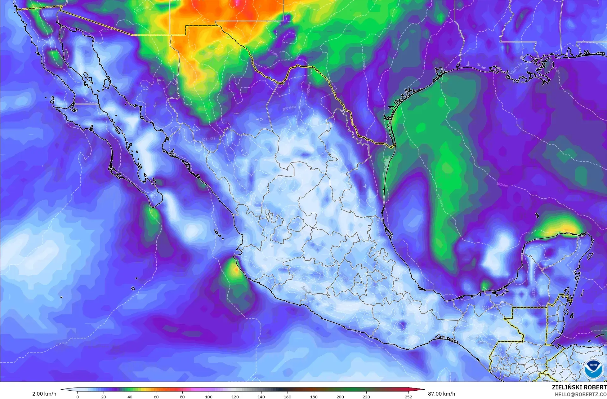 GFS modelo - México, Ráfagas de viento
