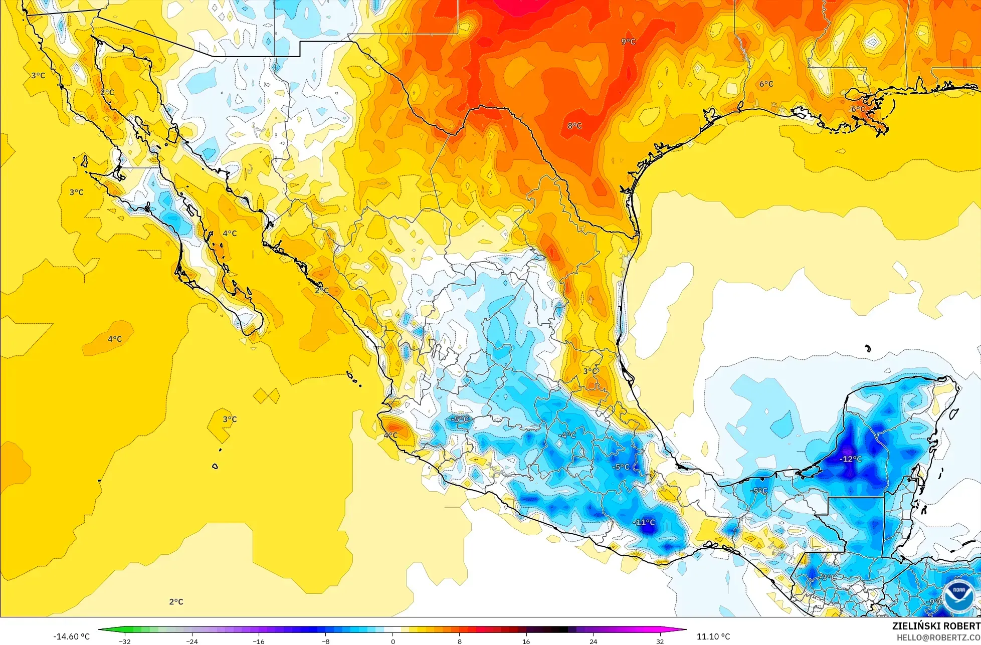 GFS modelo - México, Anomalía de temperatura a 2 m