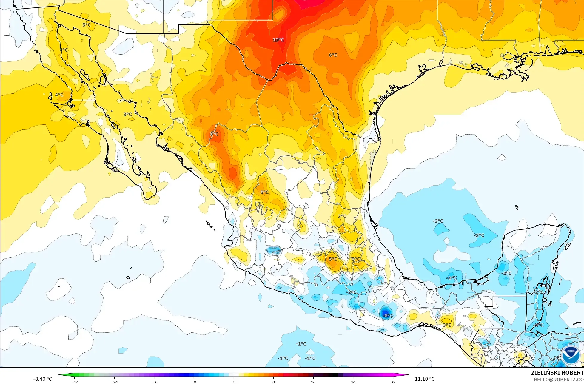 GFS modelo - México, Anomalía de temperatura a 850 hPa