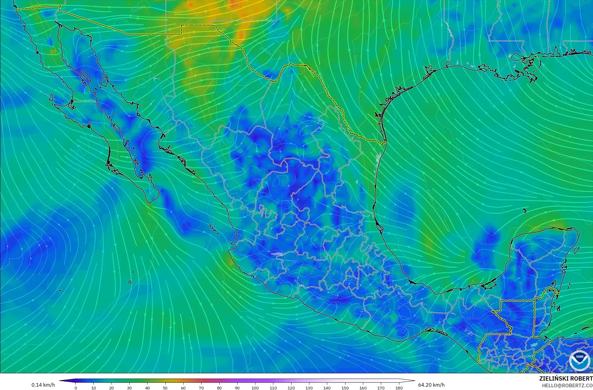GFS modelo - México, Viento a 10 m