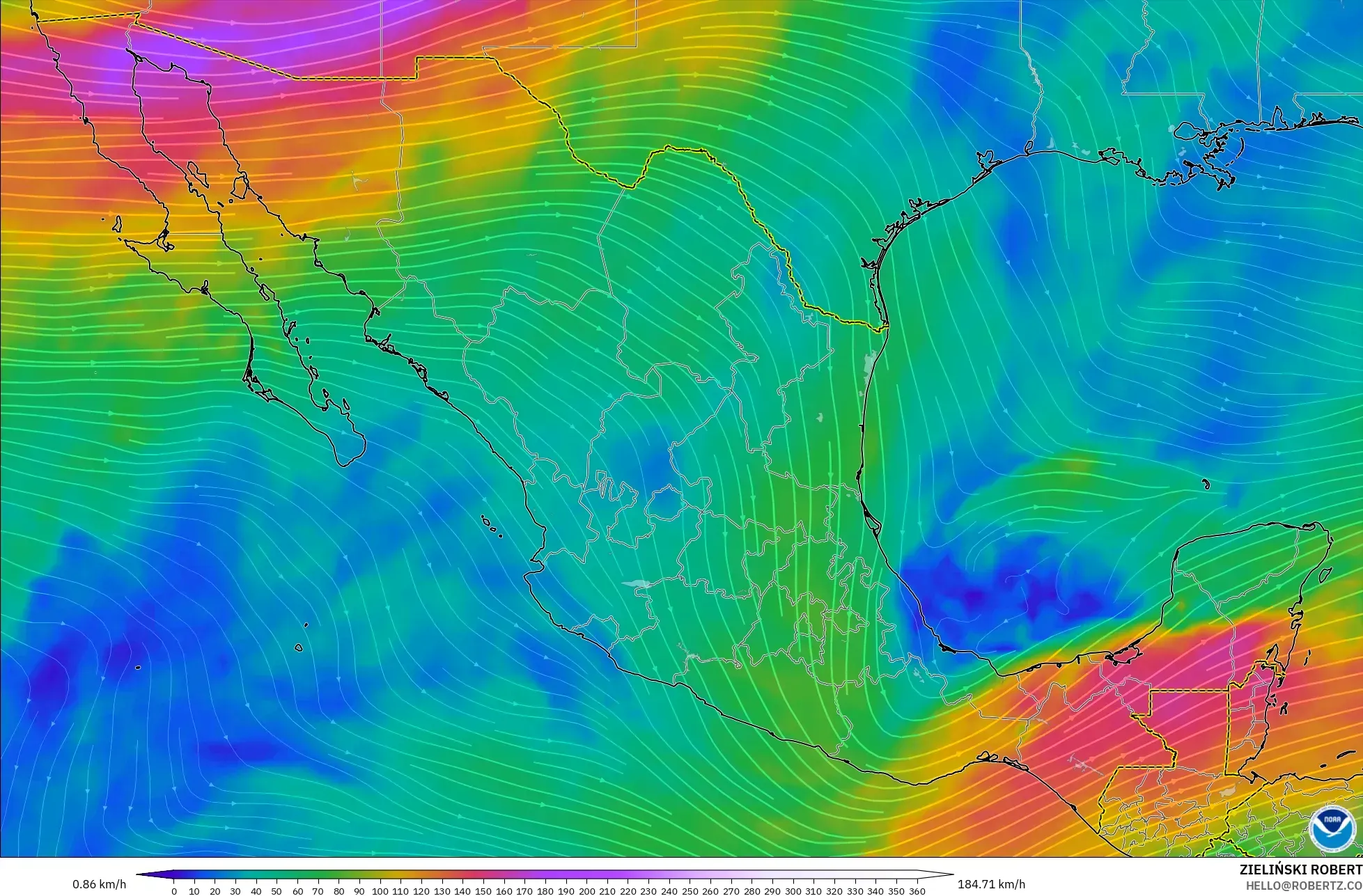 GFS modelo - México, Viento a 300 hPa (corriente en chorro)