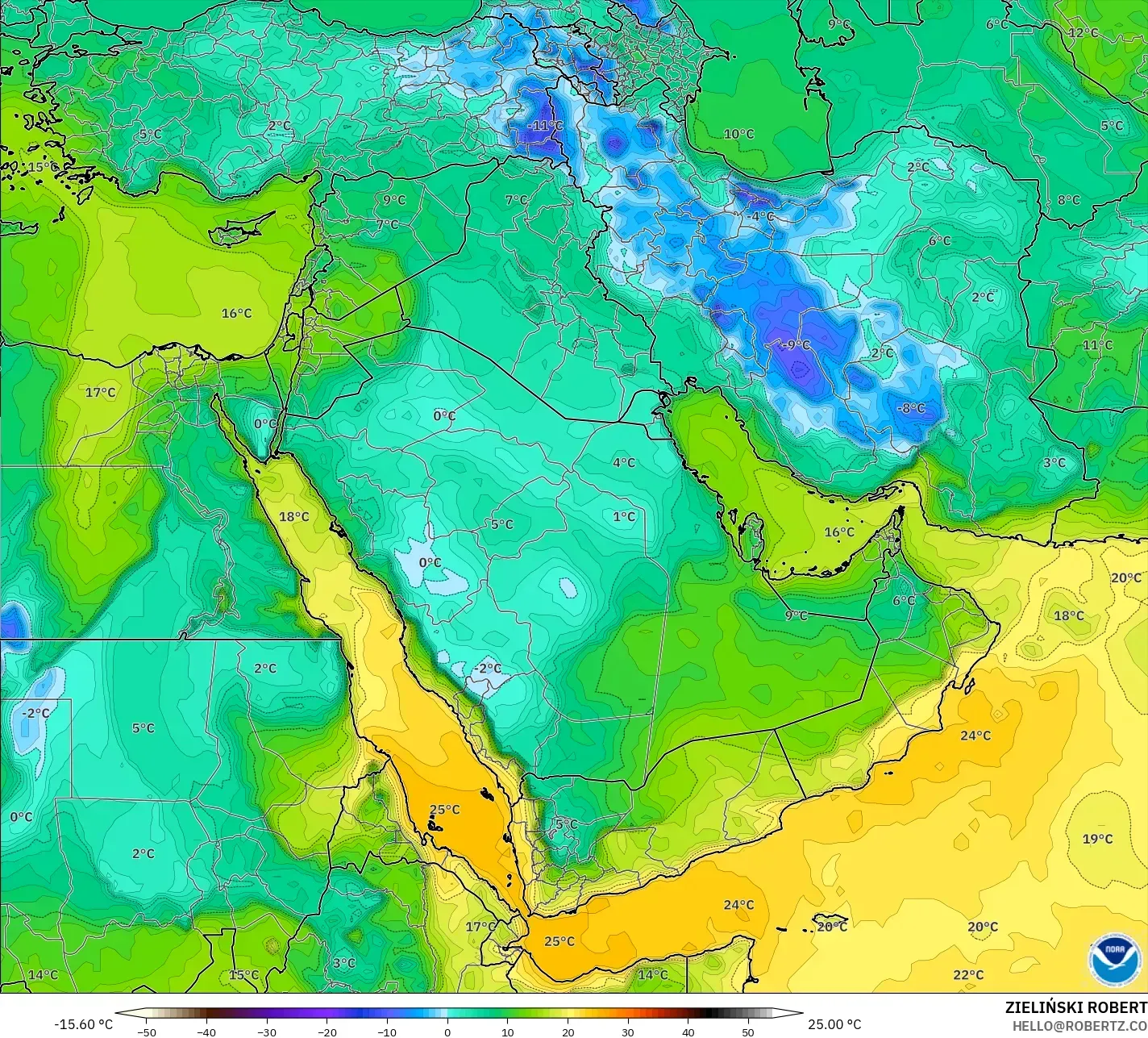 GFS modelo - Oriente Medio, Punto de rocío a 2 m