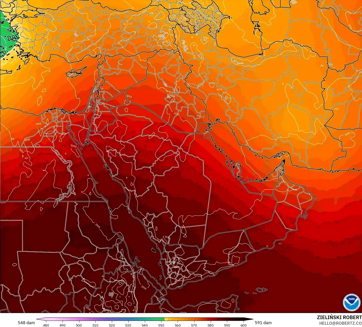 GFS modelo - Oriente Medio, Altura geopotencial a 500 hPa