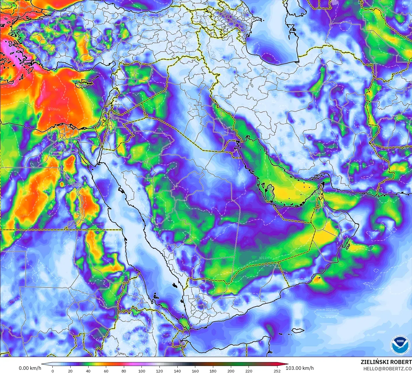 GFS modelo - Oriente Medio, Ráfagas de viento