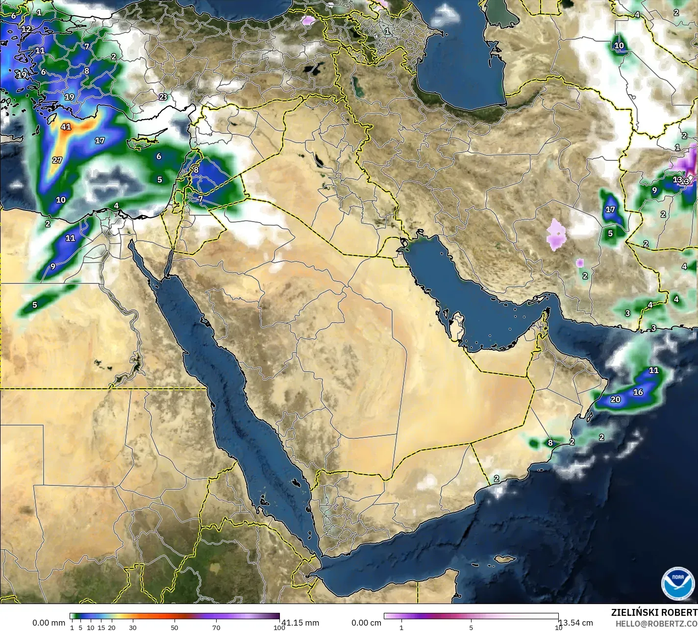 GFS modelo - Oriente Medio, Precipitación, nubes y presión