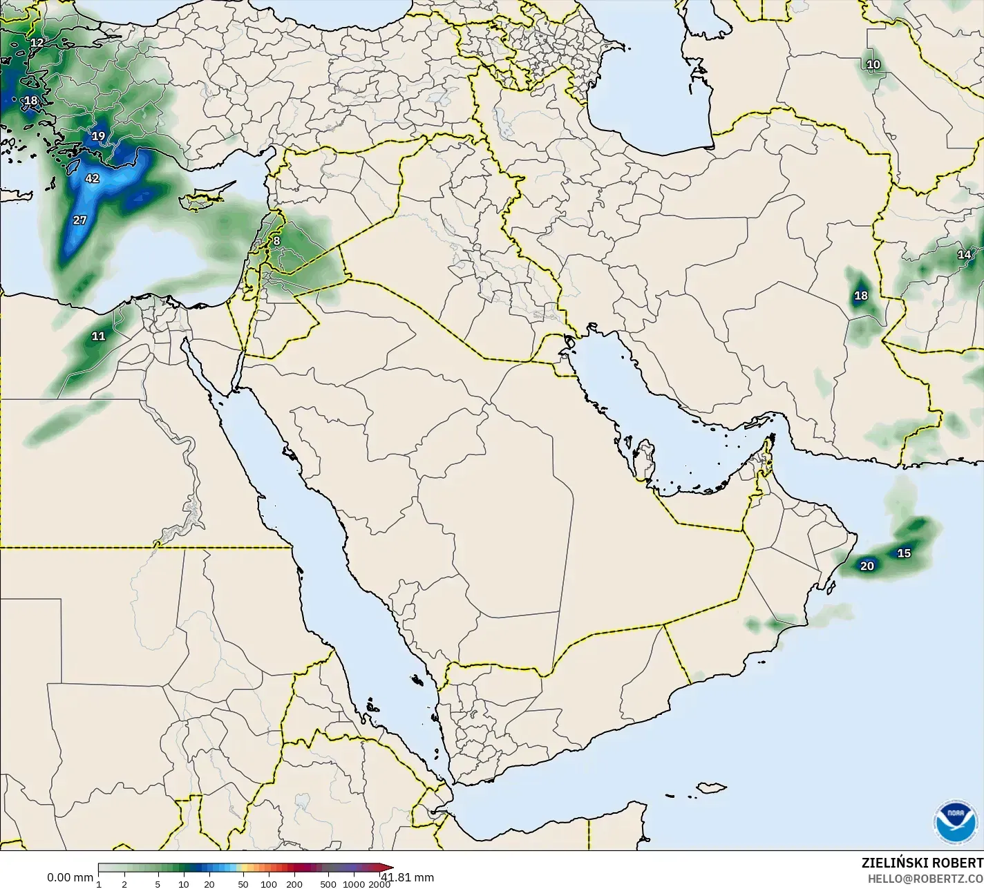 GFS modelo - Oriente Medio, Acumulación de precipitación