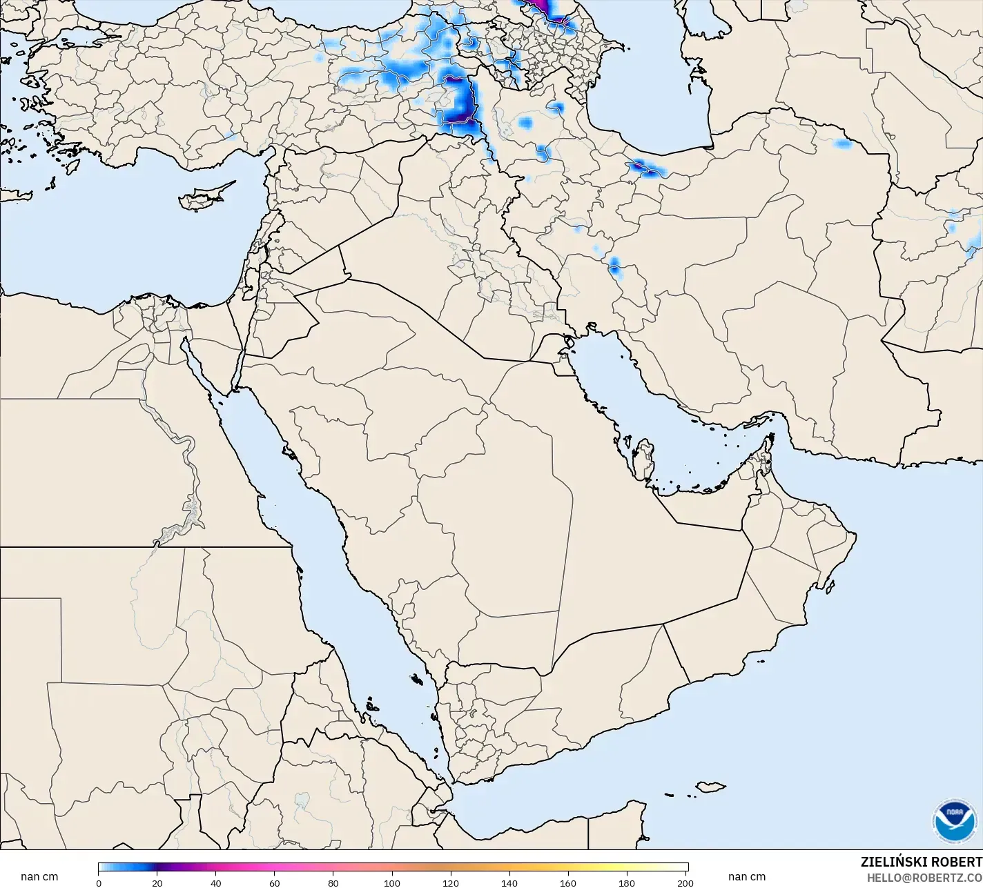 GFS modelo - Oriente Medio, Profundidad de nieve